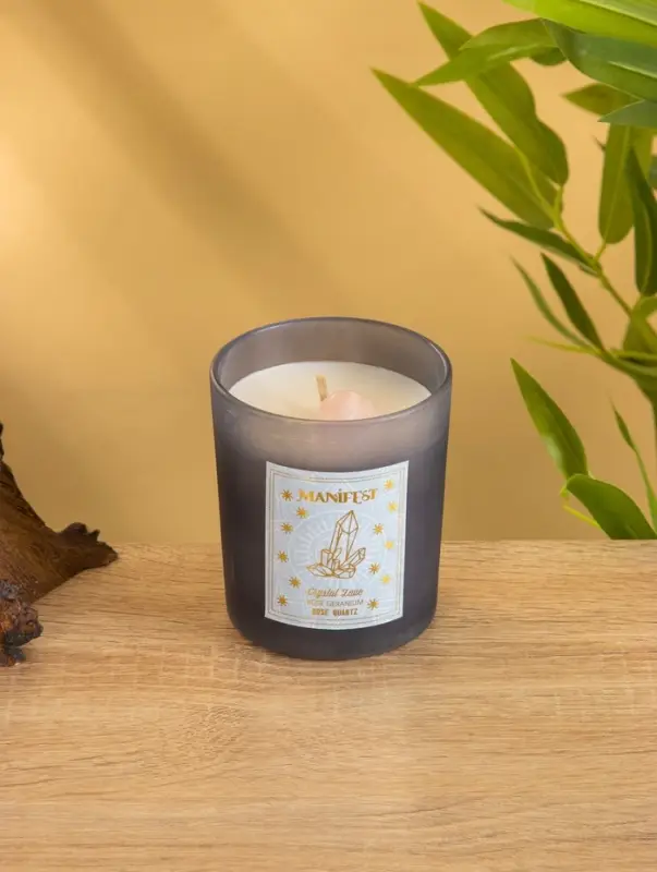 Свеча в стекле с камнем Manifest роза 200 гр соевый воск