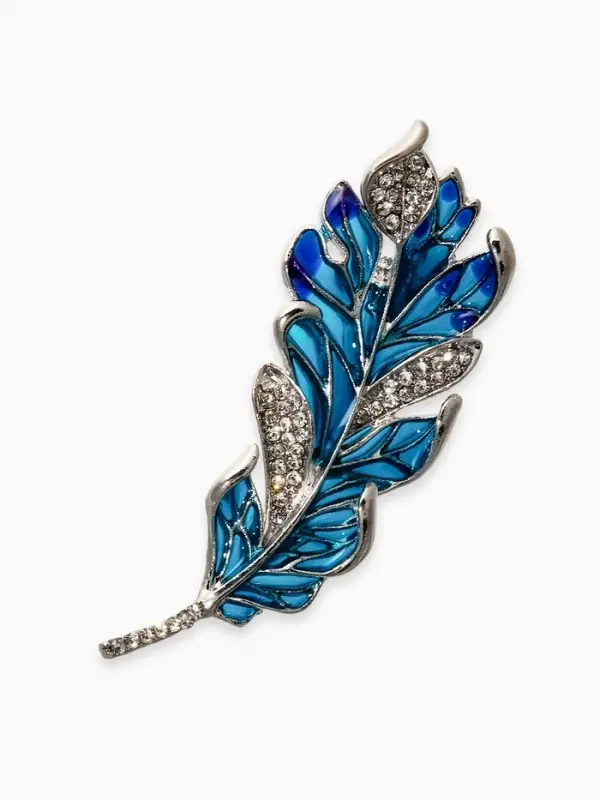 Брошь "Перо" прозрачное, цвет сине-голубой в серебре
