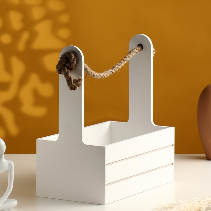 Кашпо деревянное 25.5&times;15&times;30 см "Аром", ручка канат, белое