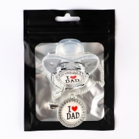 Соска - пустышка силиконовая ортодонтическая &laquo;I LOVE DAD&raquo;, от 6 мес., с колпачком + держатель - цепочка, цвет серый/серебро, стразы