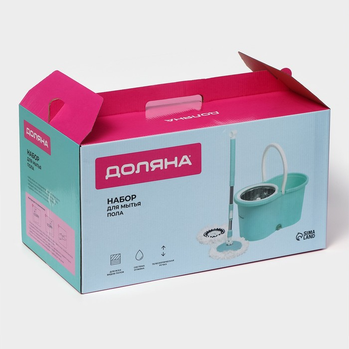 Швабра с отжимом и ведро с металлической центрифугой Доляна, 14 л, запасная насадка из микрофибры, колёсики, цвет МИКС