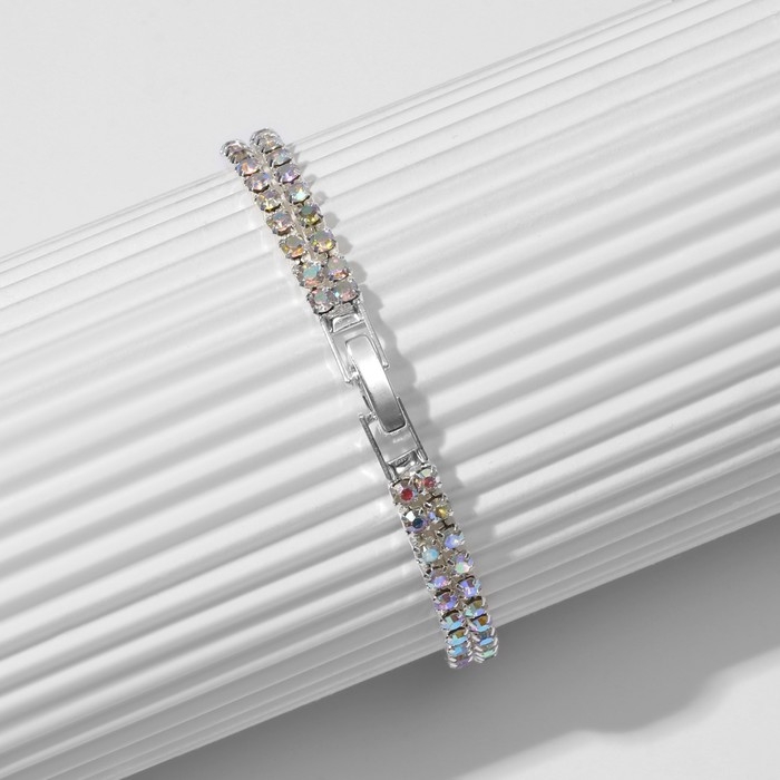 Браслет со стразами &laquo;Лёд&raquo; элегантность, 2 ряда, цвет радужный в серебре, 18 см