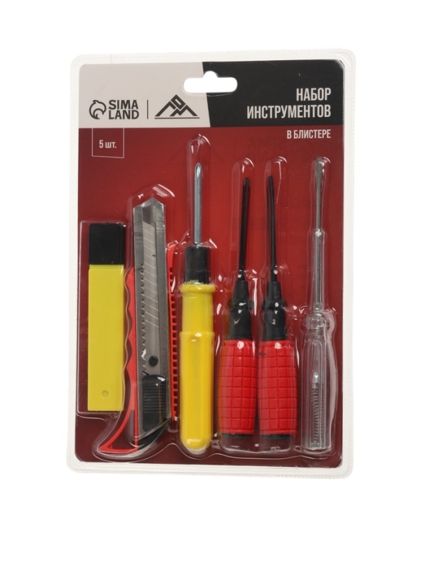 Набор инструментов в блистере ЛОМ, нож, отвертки PH1 и SL5, 2 в 1, индикаторная, 5 шт.