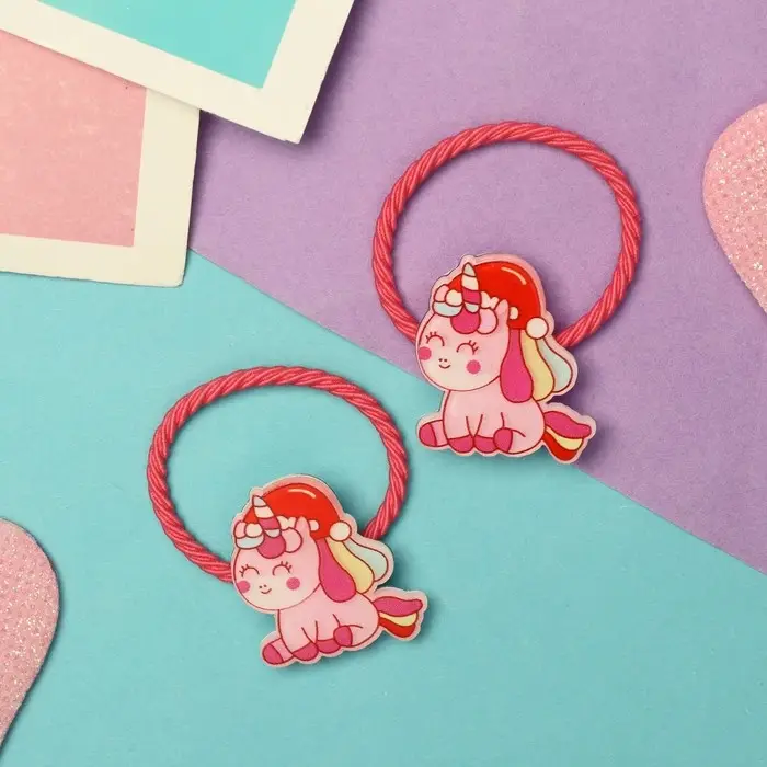 Резинка для волос "Крошка глянец" (набор 2 шт) единорожка, 3 см, розовый