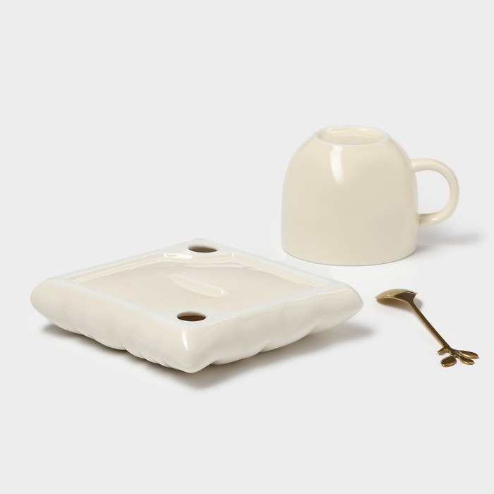 Чайная пара керамическая с ложкой &laquo;Зефирка&raquo;, 2 предмета: чашка 250 мл, блюдце d=13 см, цвет бежевый