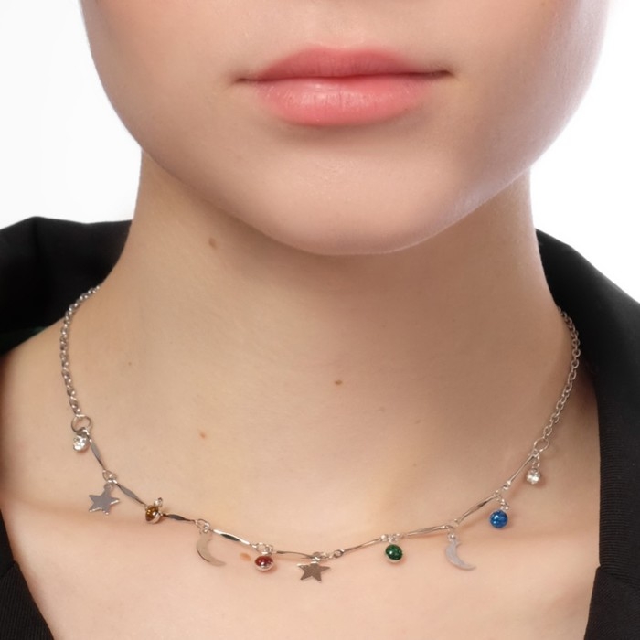 Чокер &laquo;Полумесяц&raquo; фазы луны, цветной в серебре, 35 см