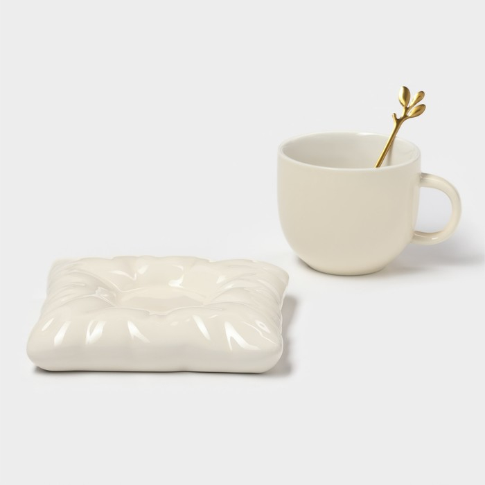 Чайная пара керамическая с ложкой &laquo;Зефирка&raquo;, 2 предмета: чашка 250 мл, блюдце d=13 см, цвет бежевый