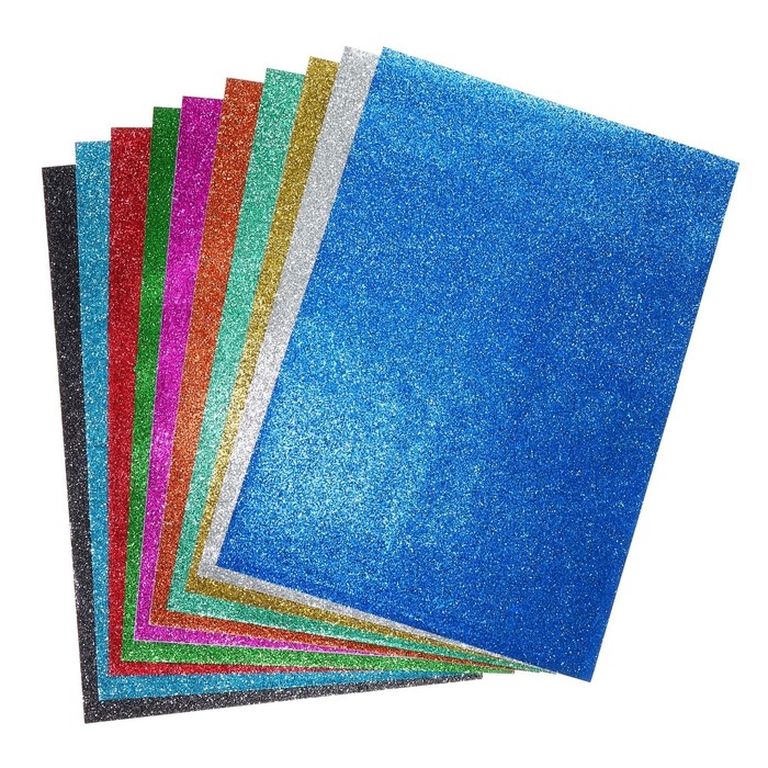 Бумага цветная формат А4 10 листов 10 цветов самоклеящаяся блестки, плотность 70г/м3, 11мкр
