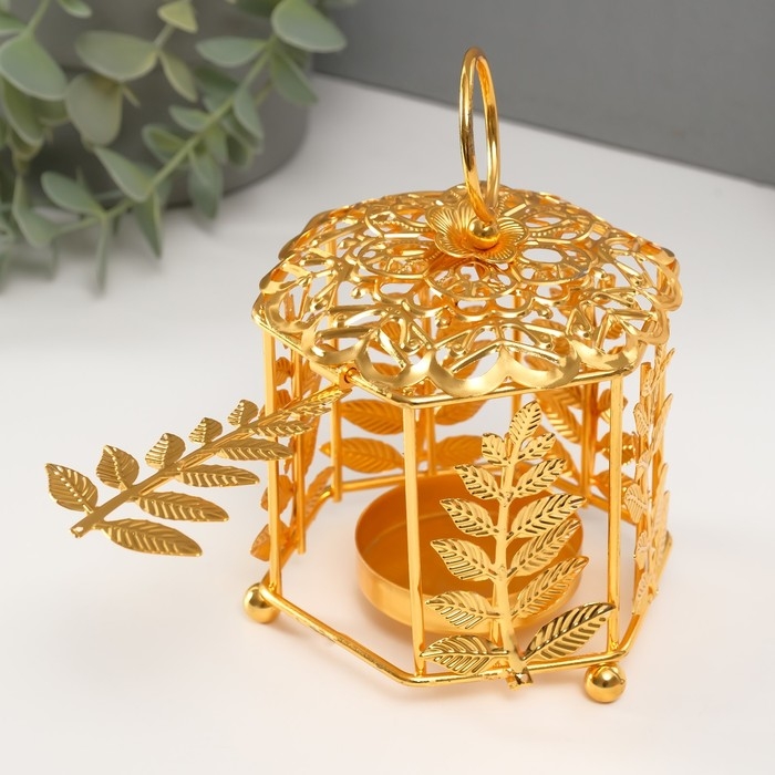 Подсвечник металл на 1 свечу "Фонарик. Цветок и веточки" золото d=5,5 см 9,8х10,5х14 см