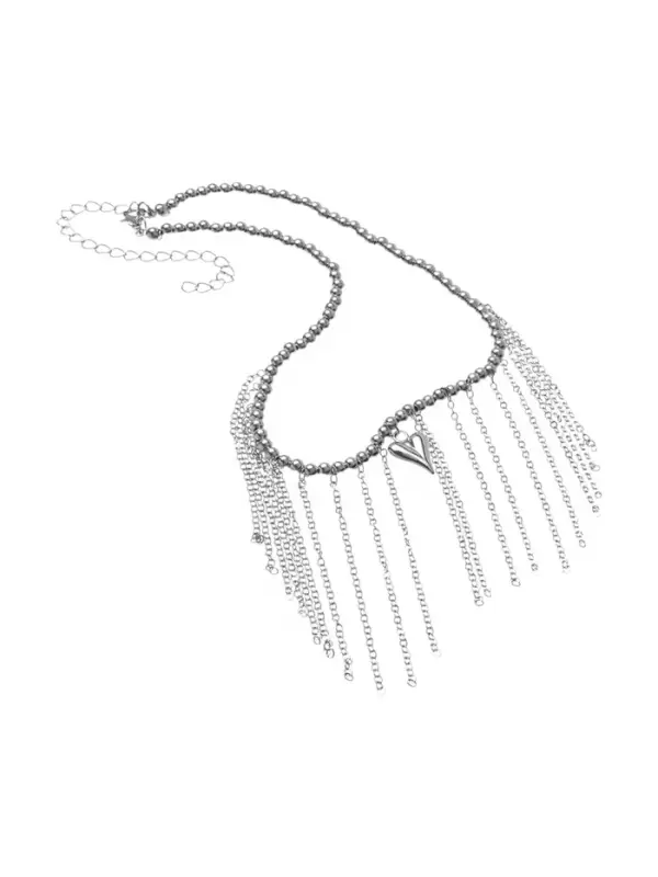 Колье "Сердце" водопад с бусинами, цвет серебро