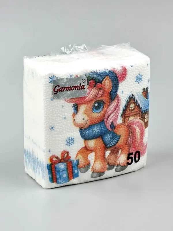 Салфетки бумажные Гармония цвета многоцветие "Лошадка с подарками", 24*24 см 50 листов