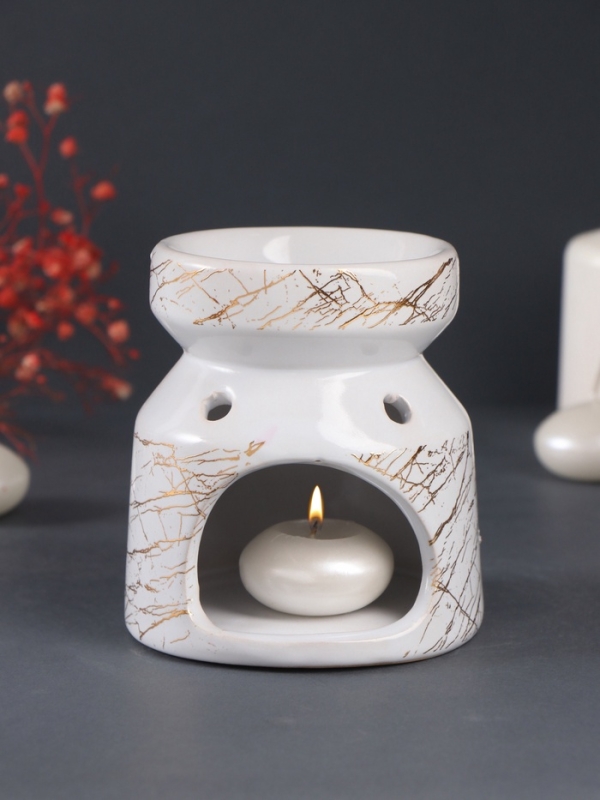 Аромалампа керамика "Белый мрамор с золотыми трещинками" 9,8х9,8х11 см