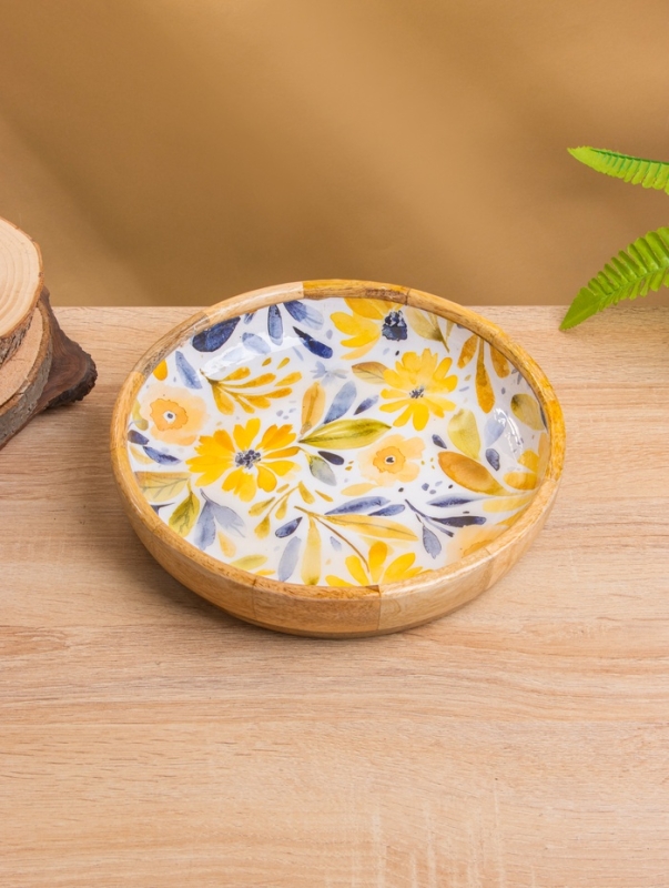 Блюдо "Желтые и синие цветы" дерево манго 25х25х4,5 см