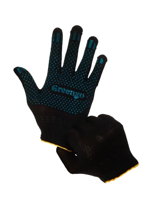 Перчатки садовые, хб, вязка 7 класс, 4 нити, размер 9, с ПВХ точками, чёрные, Greengo
