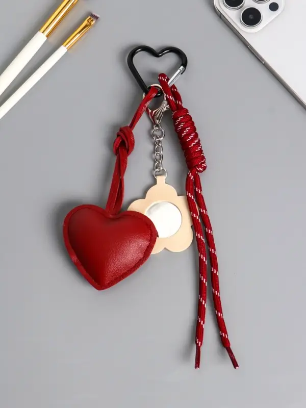 Брелок на карабине кожзам, текстиль "Сердце с цветком" бордо, с узлом, с зеркалом 26х7х2