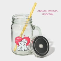 Кружка стеклянная Доляна &laquo;Котик&raquo;, 450 мл, 10&times;7,5&times;13 см, с ручкой, крышкой и трубочкой