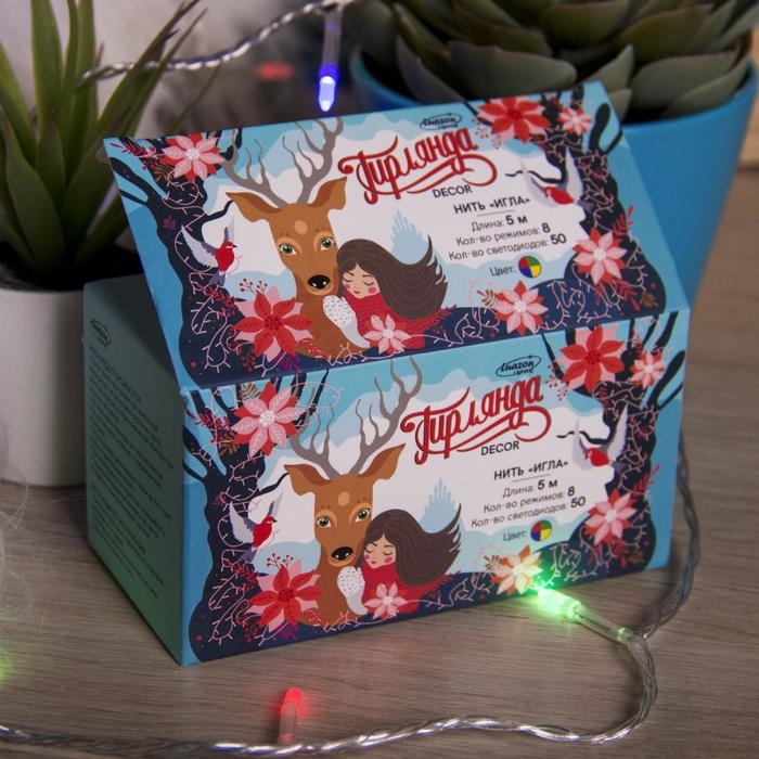 Гирлянда &laquo;Нить&raquo; 5 м с насадками &laquo;Игла&raquo;, IP20, прозрачная нить, 50 LED, свечение мульти, 8 режимов, 220 В