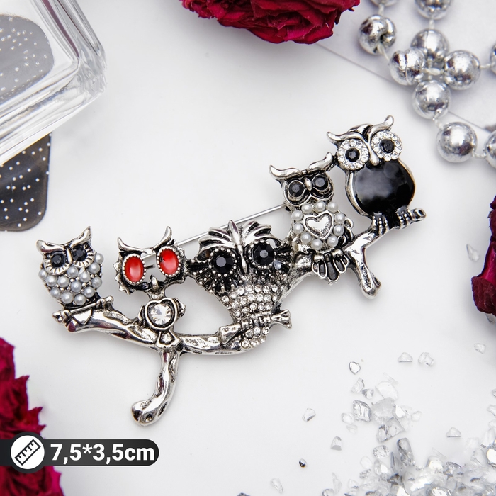 Брошь &laquo;Совиная ветвь&raquo;, цветная в черненом серебре