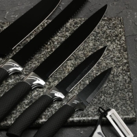 Набор кухонных принадлежностей Доляна &laquo;Супер-блек&raquo;, 6 предметов: ножи 19 см, 23 см, 32 см, 32 см, керамическая овощечистка, 32&times;4 см, цвет чёрный