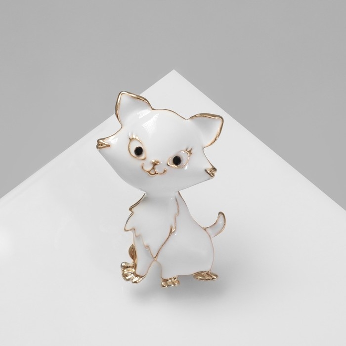 Брошь &laquo;Котенок&raquo; взъерошенный, цвет белый в золоте