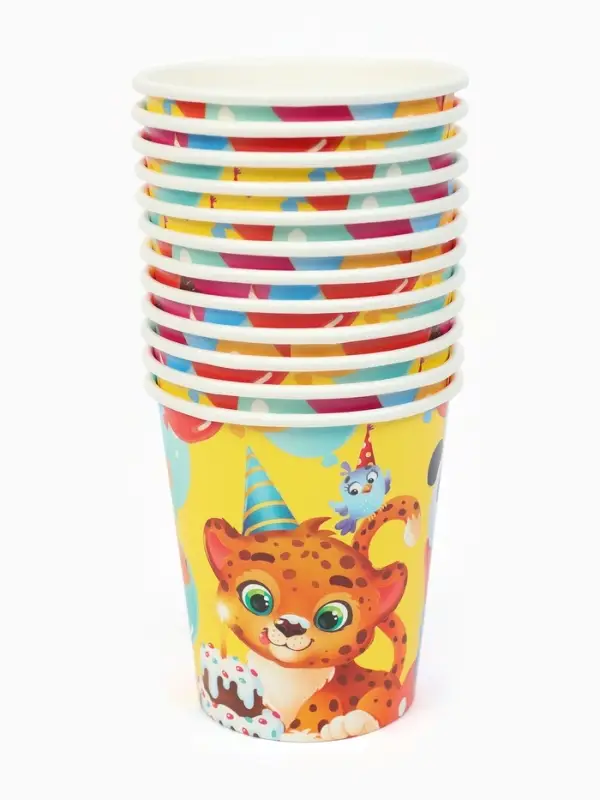 МП Набор бумажной посуды  "С Днём рождения, весёлые зверята", желтый , 12 персон