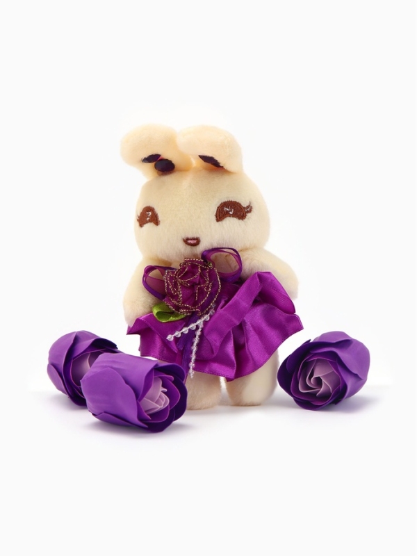 Набор мыльных роз в коробке 8 штук, фиолетово-белые с зайчиком