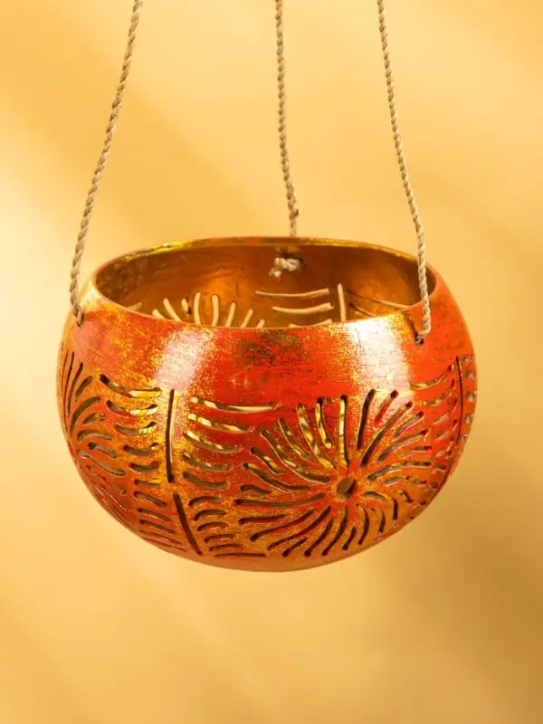 Подсвечник подвесной из кокоса, 11-14 см, красно-золотой