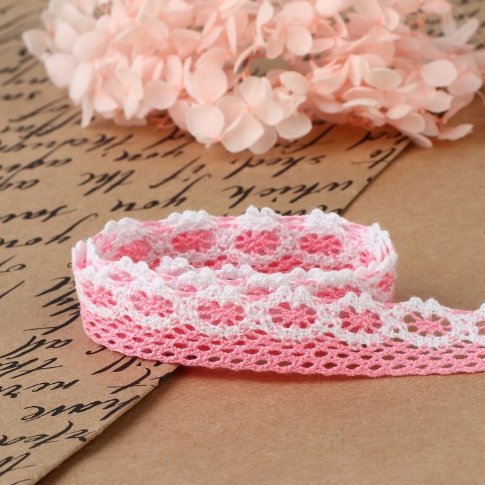 Кружево вязаное, 20 мм &times; 15 &plusmn; 1 м, цвет розовый/белый