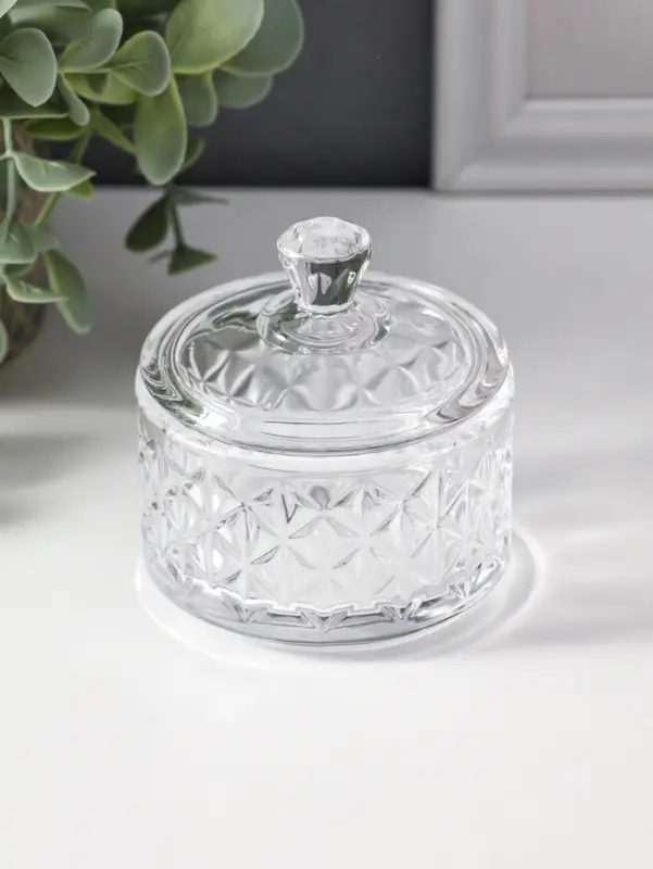 Шкатулка стекло "Ромбы и бриллиант" прозрачная 6,5х6,5х7 см