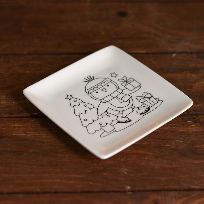 Набор тарелка под раскраску &laquo;Пингвин с подарками&raquo; краска 3 цв по 2 мл, кисть