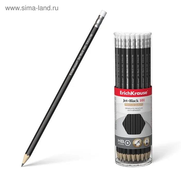 Карандаш чернографитный с ластиком Erich Krause &laquo;Jet Black 101&raquo;, HB, грифель d=2.2 мм, дерево, шестигранный в тубусе, чёрный корпус
