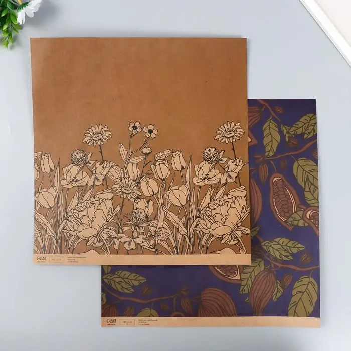 Бумага для скрапбукинга двусторонняя крафт "Какао и цветы" плотность 180 гр 30,5х32 см