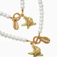 Набор 2 пред-та: бусы.браслет "Жемчуг", ракушка, цвет белый в золоте L=18/42см №8