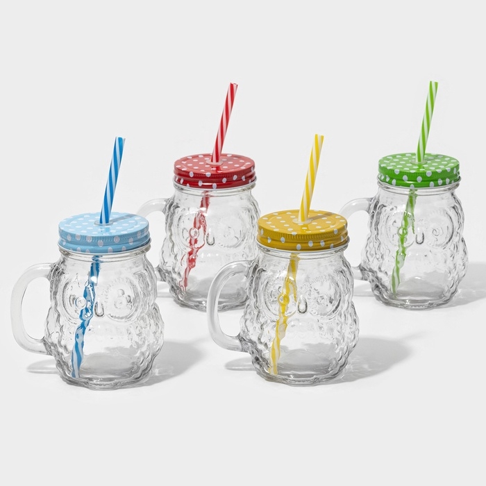 Кружка стеклянная с крышкой и трубочкой &laquo;Сова&raquo;, 470 мл, 10&times;11,5&times;12,5 см, цвет МИКС