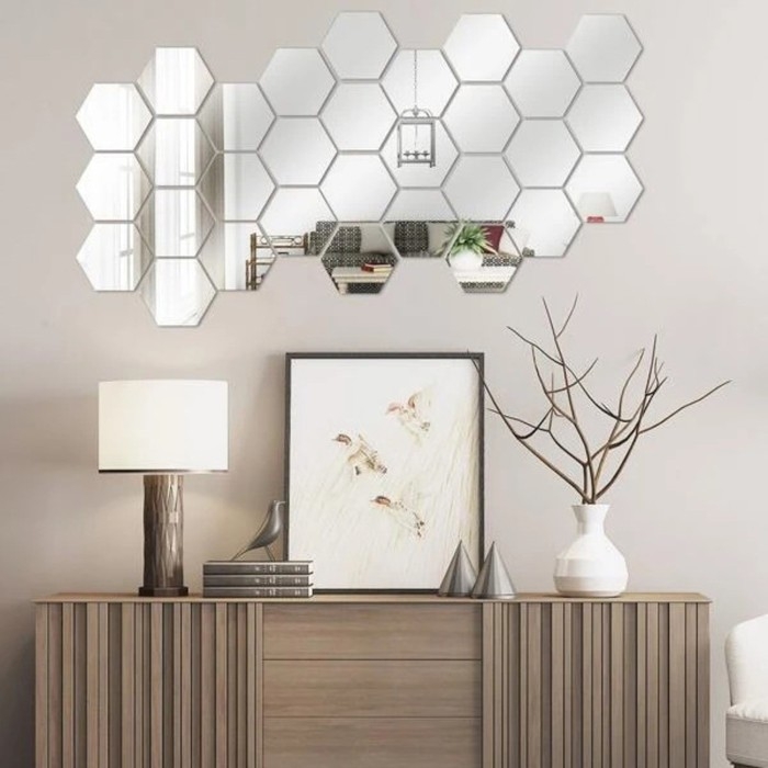 Наклейки интерьерные "Соты", зеркальные, декор настенный, набор 21 шт, шт 8 х 7 см