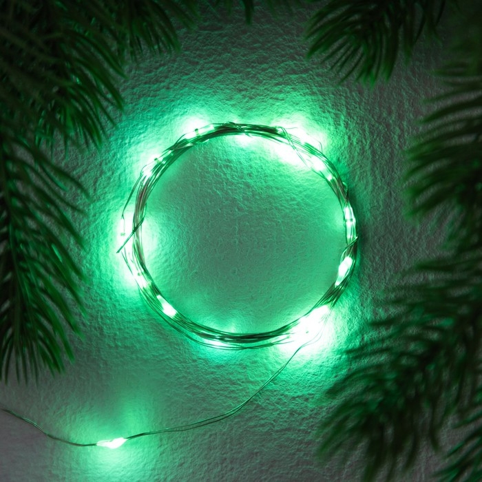 Гирлянда &laquo;Нить&raquo; 2 м роса. IP20, нить серебристая, 20 LED, 4.6 В, AG13x3 (в комплекте), 3 режима, свечение зелёное