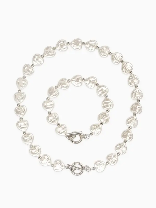 Набор 2 пред-та: бусы,браслет "Жемчуг барочный", сердечки, 40/18см, цвет белый в серебре