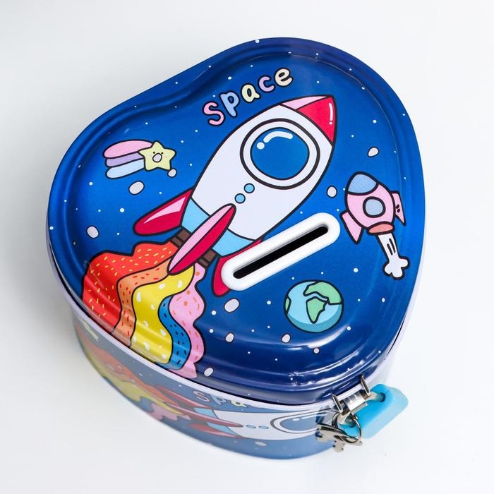 Копилка металл с замочком "Космос и облака" МИКС 9х11,5х11 см
