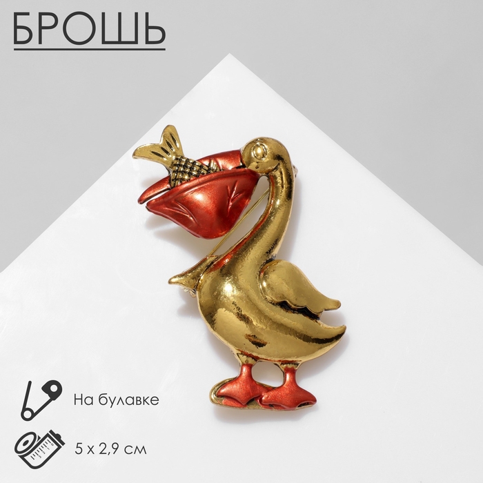 Брошь &laquo;Пеликан&raquo;, цвет красный в чернёном золоте