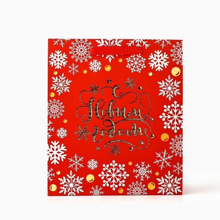 Пакет подарочный новогодний ламинированный &laquo;Золотые снежинки&raquo;, тиснение, M 30 х 26 х 9 см, Новый год