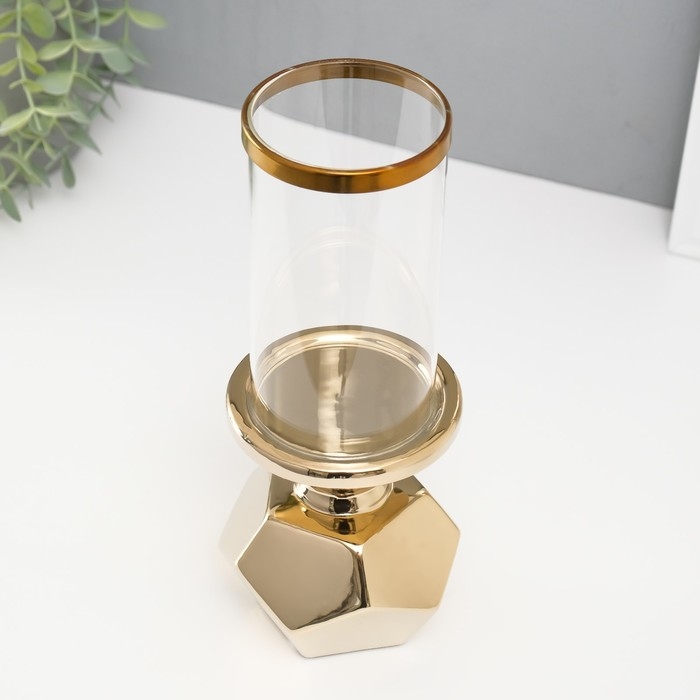 Подсвечник керамика, стекло на 1 свечу "Грани" d=7,5 см золото 10,5х10,5х27 см