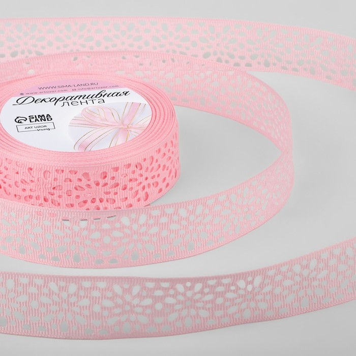 Лента декоративная, репсовая, ажурная, 25 мм &times; 9,1 &plusmn; 0,5 м, цвет розовый