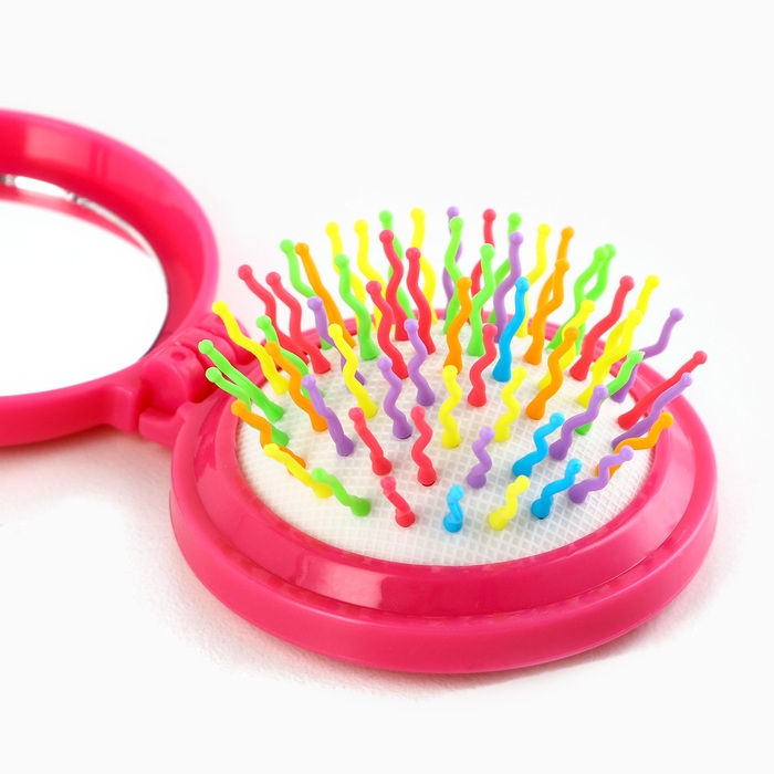 Расчёска массажная, складная, с зеркалом, 6 &times; 6 х 3 см, цвет розовый МИКС