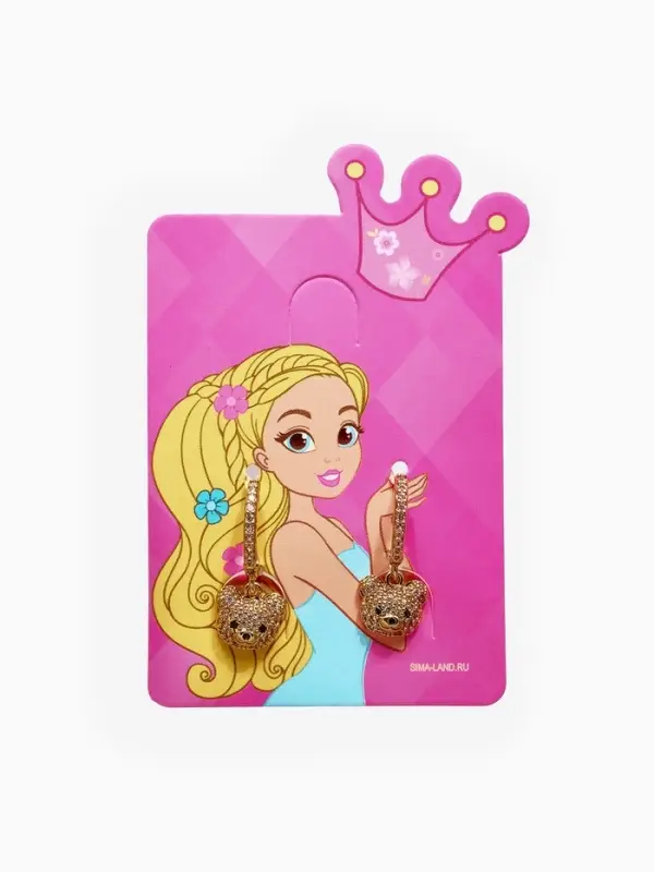 Серьги детские &laquo;Выбражулька. Мишка в стразах&raquo;, 0.5&times;2.2 см, белые в золоте