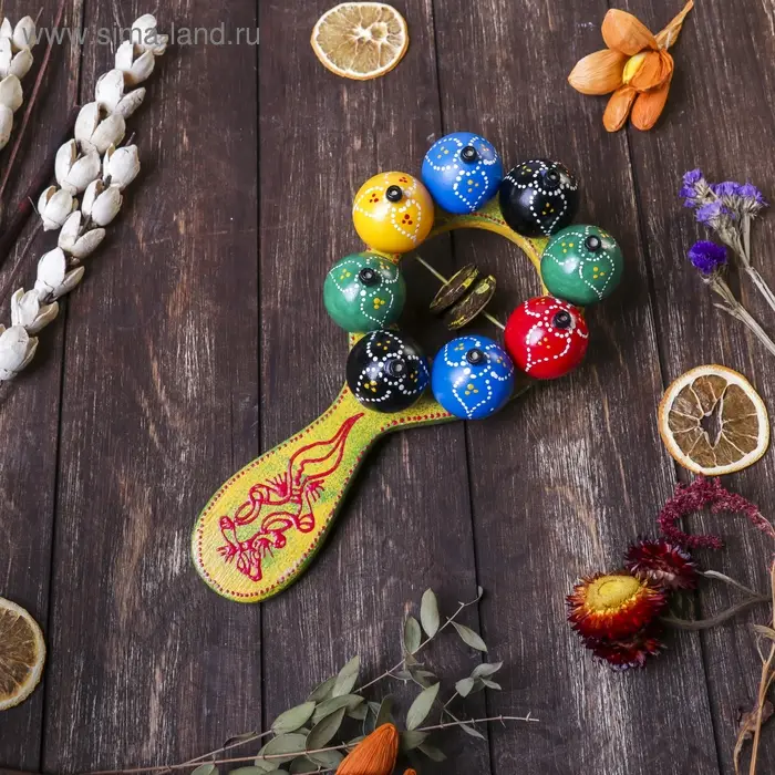 Сувенирный музыкальный инструмент "Маракас с шариками и пластинами" радужный 25х13х5 см МИКС