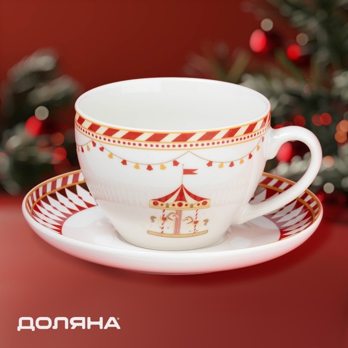 Новогодняя чайная пара Доляна &laquo;Парк аттракционов&raquo;, 2 предмета: чашка, блюдце, фарфор, цвет белый