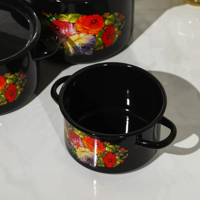 Набор кастрюль &laquo;Жостово&raquo;, 3 предмета: 1,5 л, 2,9 л, 4,5 л, эмалированные крышки, индукция