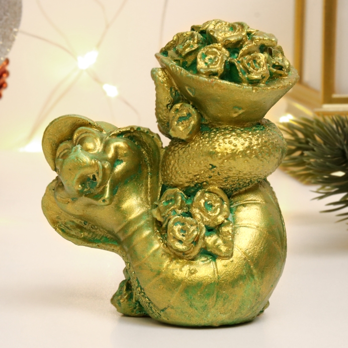 Новый год. Символ 2025. Фигура "Змея с цветами" зеленый с позолотой, 7х7х5см