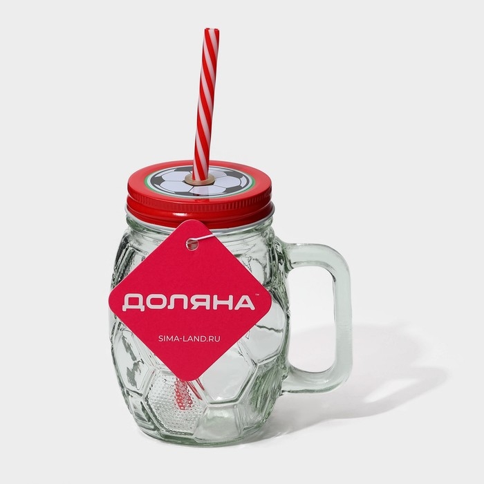 Кружка стеклянная с крышкой и трубочкой Доляна &laquo;Мяч&raquo;, 500 мл, цвет МИКС