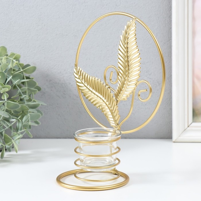 Подсвечник металл на 1 свечу "Золотые листья в круге" d=4,5 см золото 16х9,5х21 см